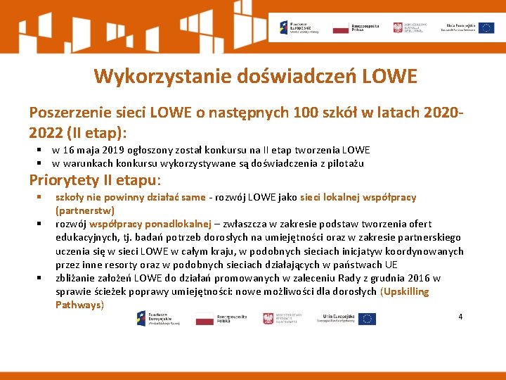 Wykorzystanie doświadczeń LOWE Poszerzenie sieci LOWE o następnych 100 szkół w latach 20202022 (II