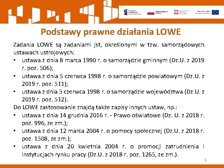 Podstawy prawne działania LOWE Zadania LOWE są zadaniami jst, określonymi w tzw. samorządowych ustawach