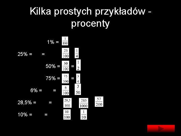 Kilka prostych przykładów procenty 1% = 25% = = 50% = = 75% =