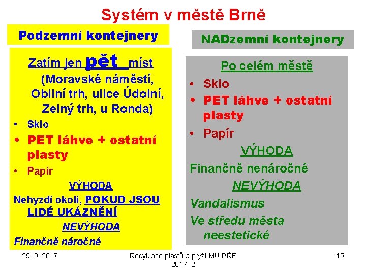 Systém v městě Brně Podzemní kontejnery Zatím jen pět míst (Moravské náměstí, Obilní trh,