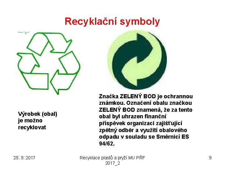 Recyklační symboly Výrobek (obal) je možno recyklovat 25. 9. 2017 Značka ZELENÝ BOD je