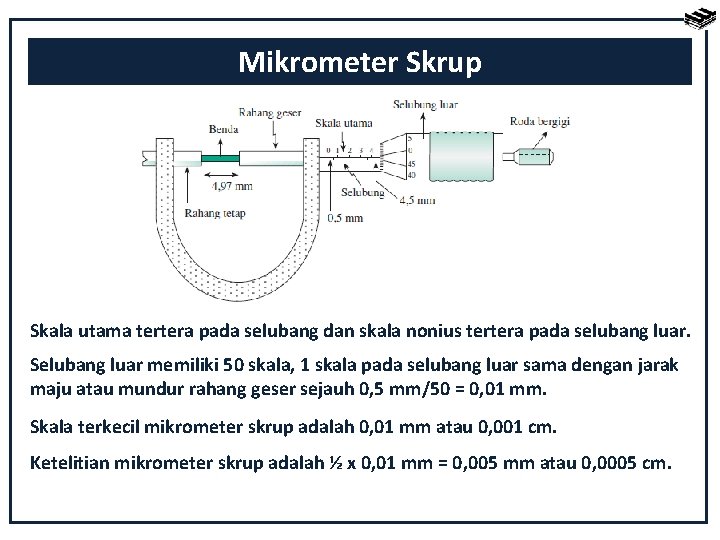 Mikrometer Skrup Skala utama tertera pada selubang dan skala nonius tertera pada selubang luar.