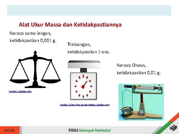 Alat Ukur Massa dan Ketidakpastiannya Neraca sama lengan, ketidakpastian 0, 001 g. Timbangan, ketidakpastian