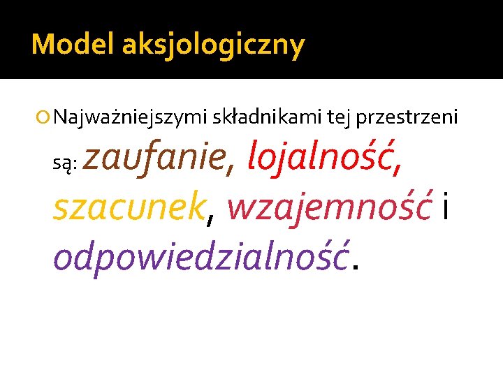 Model aksjologiczny Najważniejszymi składnikami tej przestrzeni zaufanie, lojalność, szacunek, wzajemność i odpowiedzialność. są: 