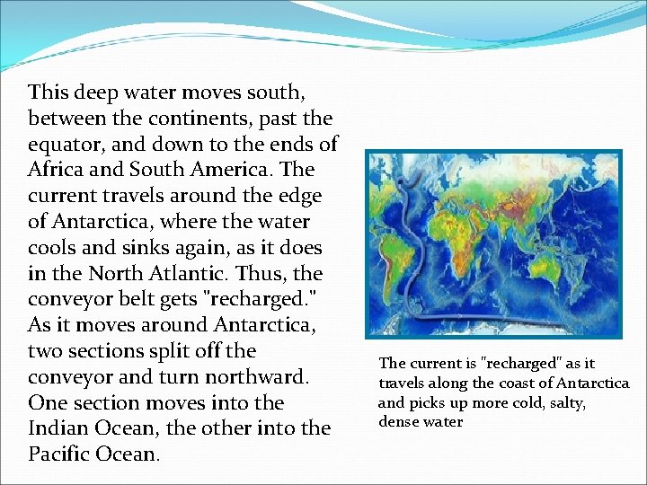 This deep water moves south, between the continents, past the equator, and down to
