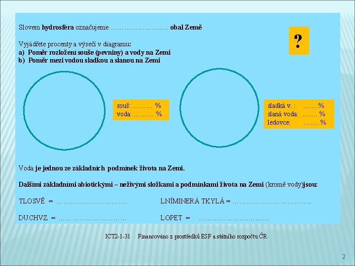 Slovem hydrosféra označujeme …………. . obal Země ? Vyjádřete procenty a výsečí v diagramu: