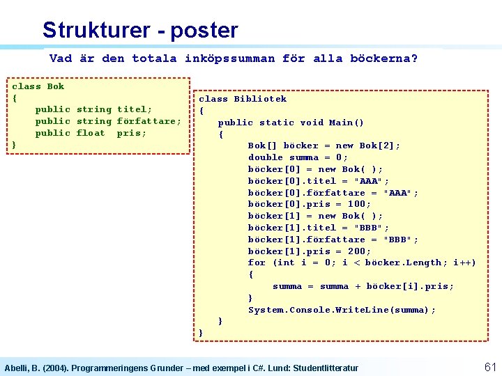 Strukturer - poster Vad är den totala inköpssumman för alla böckerna? class Bok { Strukturer - poster Vad är den totala inköpssumman för alla böckerna? class Bok {