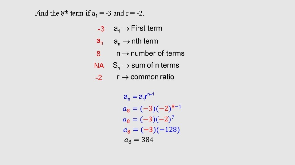 Find the 8 th term if a 1 = -3 and r = -2.