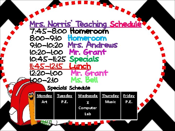 Mrs. Norris’ Teaching Schedule 7: 45 -8: 00 Homeroom 8: 00 -9: 10 Homeroom