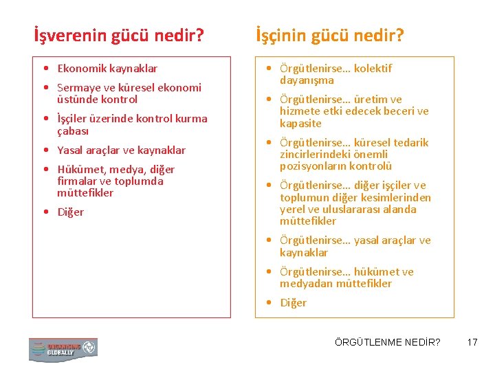 İşverenin gücü nedir? • Ekonomik kaynaklar • Sermaye ve küresel ekonomi üstünde kontrol •