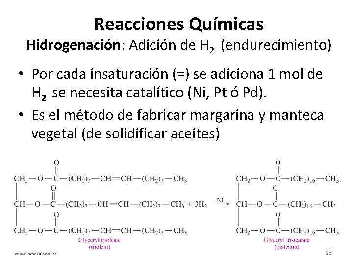 Reacciones Químicas Hidrogenación: Adición de H 2 (endurecimiento) • Por cada insaturación (=) se