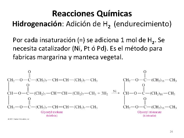 Reacciones Químicas Hidrogenación: Adición de H 2 (endurecimiento) Por cada insaturación (=) se adiciona