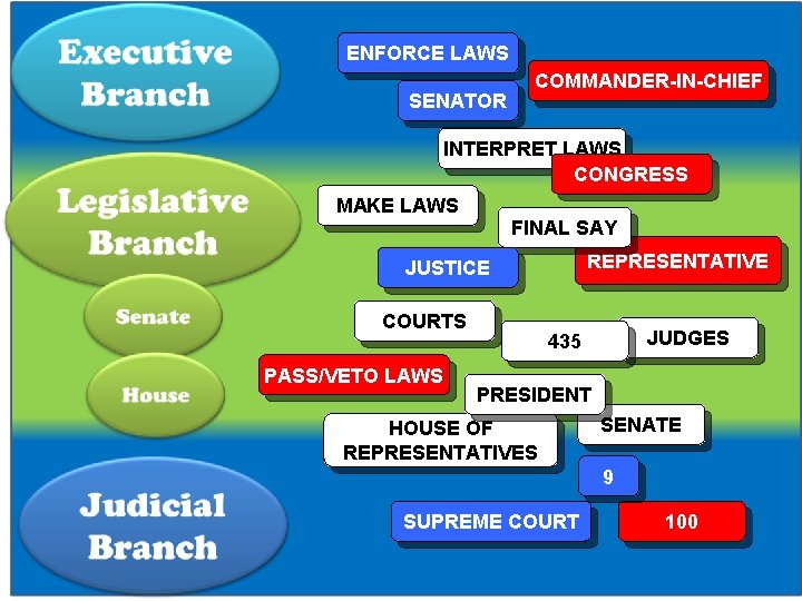 ENFORCE LAWS SENATOR COMMANDER-IN-CHIEF INTERPRET LAWS CONGRESS MAKE LAWS FINAL SAY REPRESENTATIVE JUSTICE COURTS