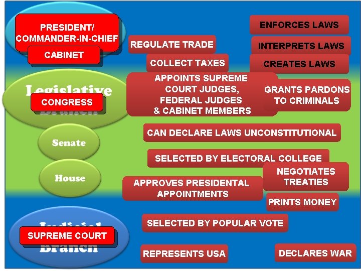 PRESIDENT/ COMMANDER-IN-CHIEF CABINET CONGRESS ENFORCES LAWS REGULATE TRADE COLLECT TAXES APPOINTS SUPREME COURT JUDGES,