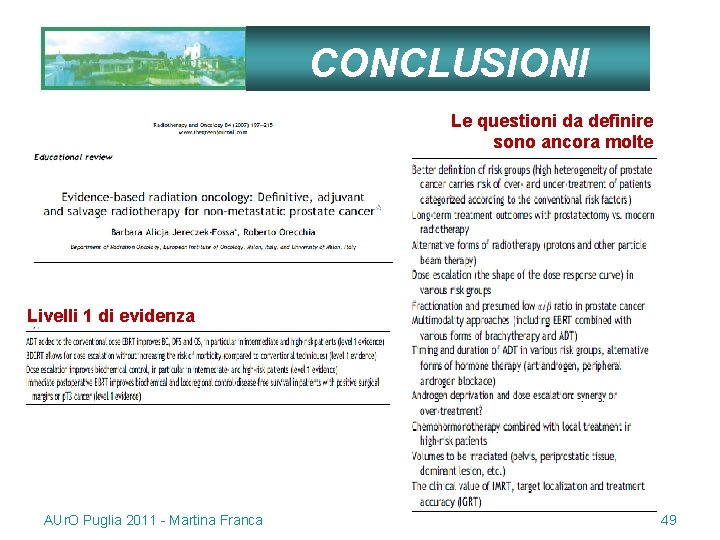 CONCLUSIONI Le questioni da definire sono ancora molte Livelli 1 di evidenza AUr. O