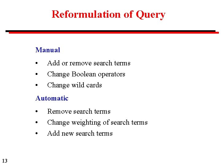 Reformulation of Query Manual • • • Add or remove search terms Change Boolean