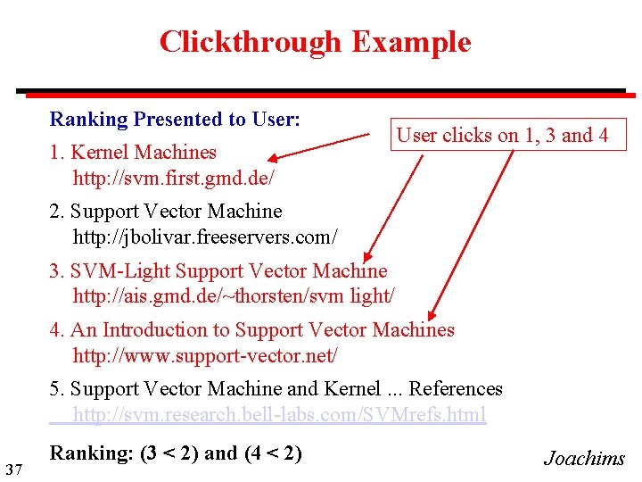 Clickthrough Example Ranking Presented to User: 1. Kernel Machines http: //svm. first. gmd. de/