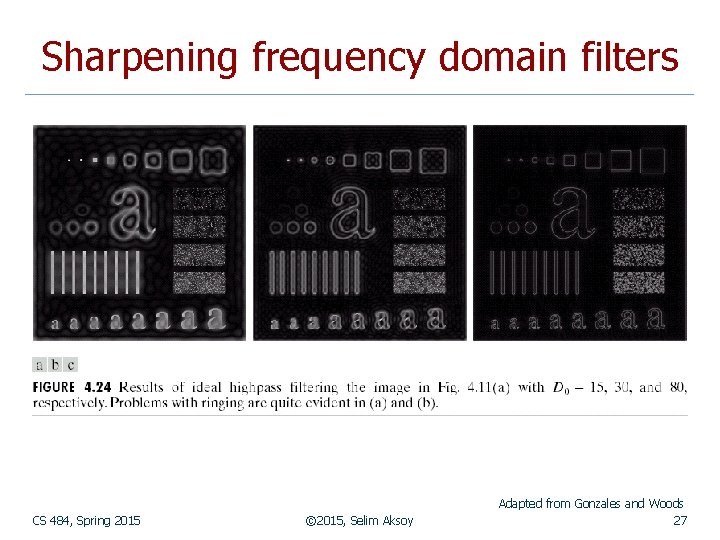 Sharpening frequency domain filters CS 484, Spring 2015 © 2015, Selim Aksoy Adapted from