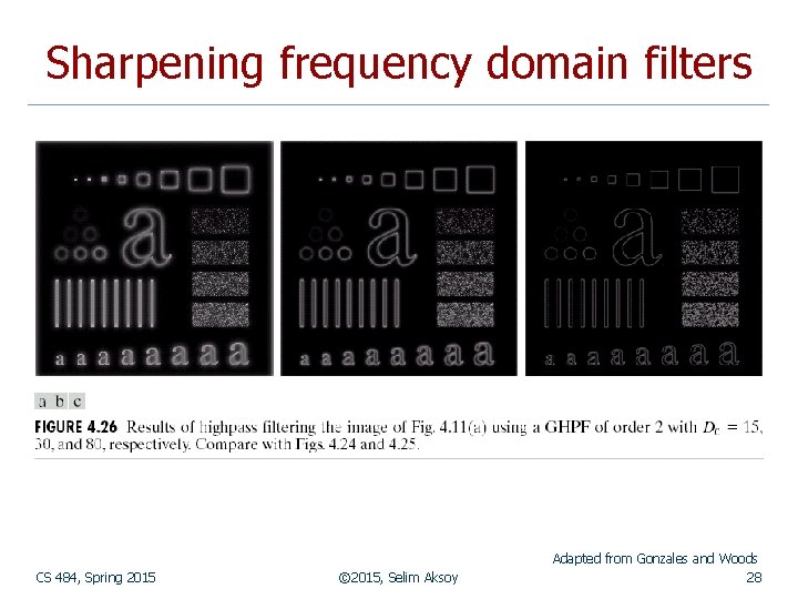 Sharpening frequency domain filters CS 484, Spring 2015 © 2015, Selim Aksoy Adapted from