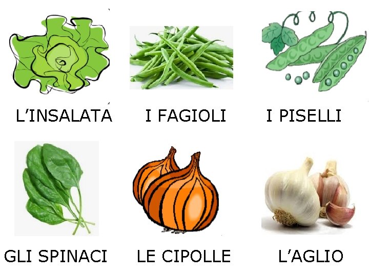 L’INSALATA I FAGIOLI I PISELLI GLI SPINACI LE CIPOLLE L’AGLIO 