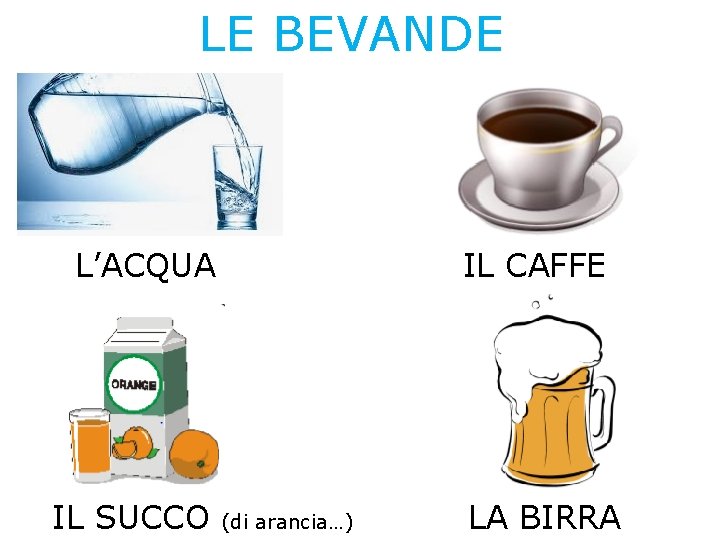 LE BEVANDE L’ACQUA IL SUCCO IL CAFFE (di arancia…) LA BIRRA 