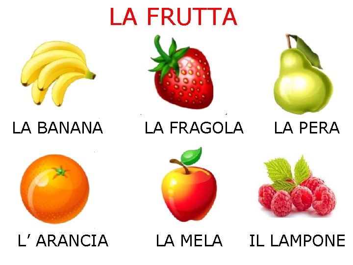LA FRUTTA LA BANANA L’ ARANCIA LA FRAGOLA LA MELA LA PERA IL LAMPONE