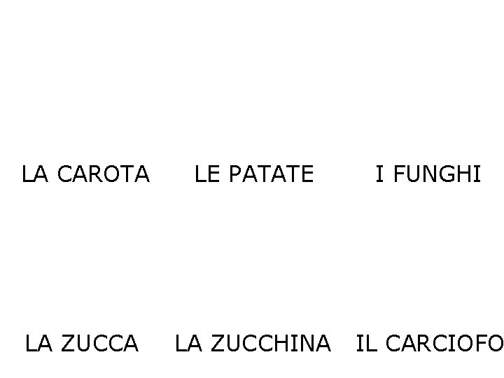 LA CAROTA LE PATATE I FUNGHI LA ZUCCA LA ZUCCHINA IL CARCIOFO 