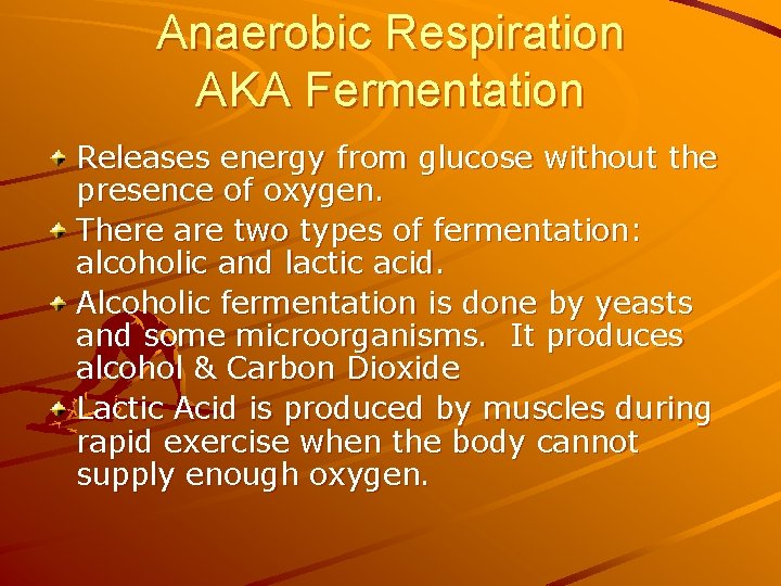 Anaerobic Respiration AKA Fermentation Releases energy from glucose without the presence of oxygen. There