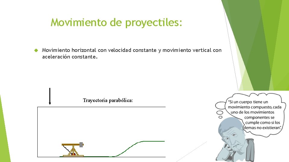 Movimiento de proyectiles: Movimiento horizontal con velocidad constante y movimiento vertical con aceleración constante.