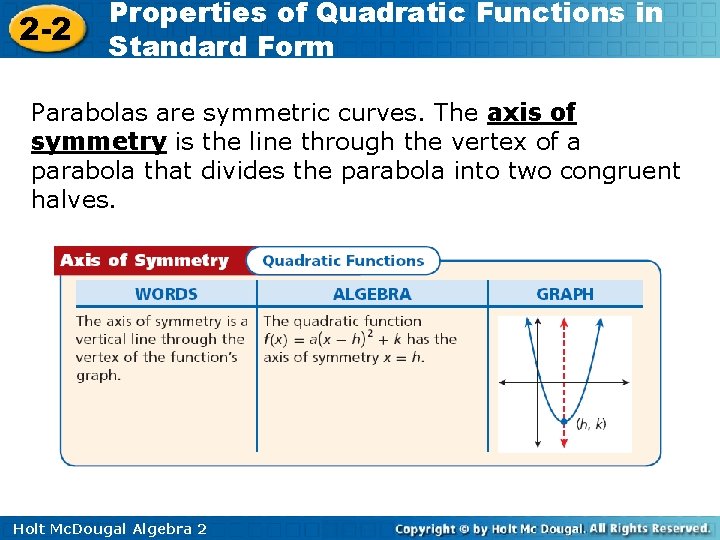 2 -2 Properties of Quadratic Functions in Standard Form Parabolas are symmetric curves. The