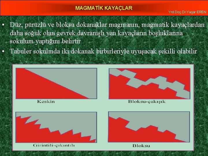 MAGMATİK KAYAÇLAR Yrd. Doç. Dr. Yaşar EREN • Düz, pürüzlü ve bloksu dokanaklar magmanın,