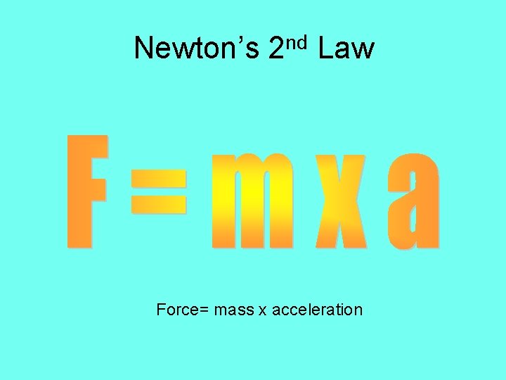 Newton’s 2 nd Law Force= mass x acceleration 