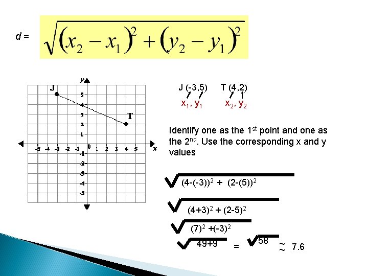 d= J (-3, 5) T (4, 2) x 1, y 1 x 2, y