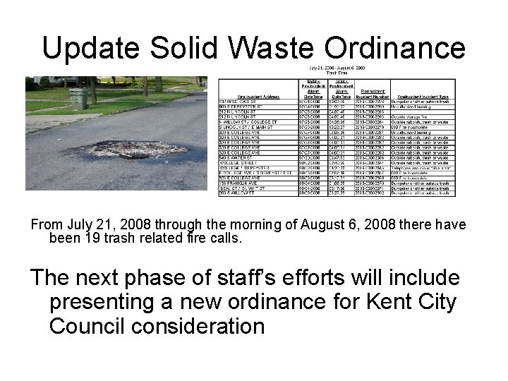 Update Solid Waste Ordinance From July 21, 2008 through the morning of August 6,
