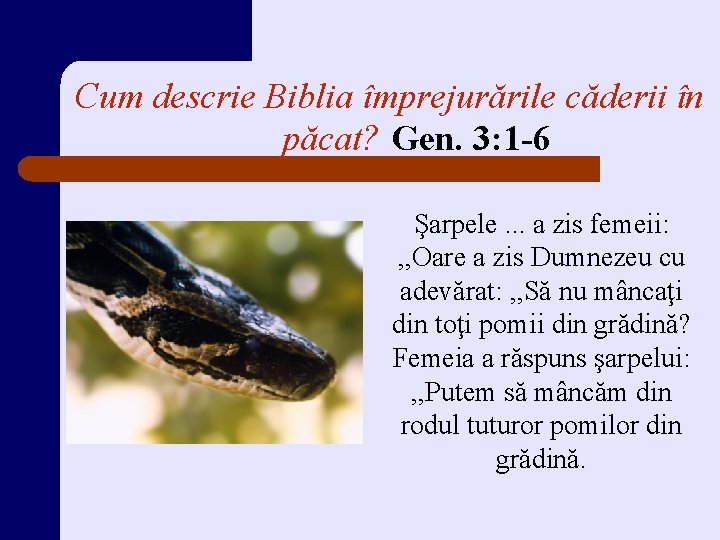 Cum descrie Biblia împrejurările căderii în păcat? Gen. 3: 1 -6 Şarpele. . .