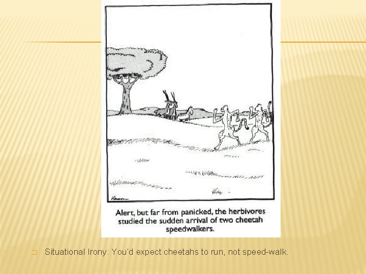� Situational Irony: You’d expect cheetahs to run, not speed-walk. 