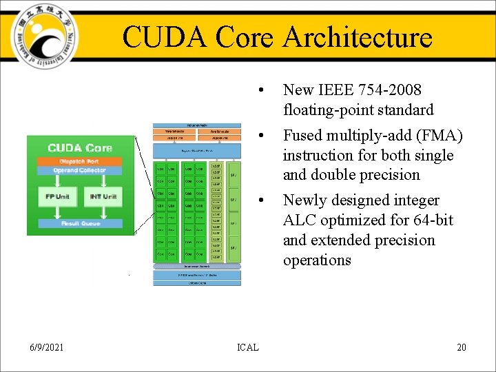CUDA Core Architecture 6/9/2021 • New IEEE 754 -2008 floating-point standard • Fused multiply-add CUDA Core Architecture 6/9/2021 • New IEEE 754 -2008 floating-point standard • Fused multiply-add