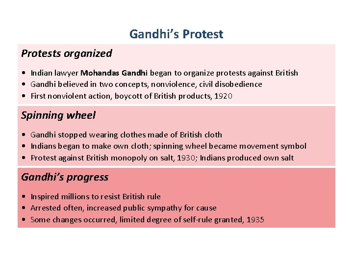 Gandhi’s Protests organized • Indian lawyer Mohandas Gandhi began to organize protests against British