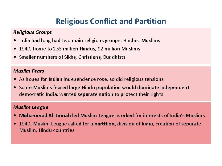 Religious Conflict and Partition Religious Groups • India had long had two main religious