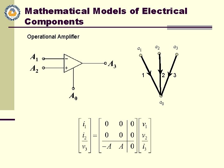 Mathematical Models of Electrical Components Operational Amplifier a 1 1 a 2 a 3
