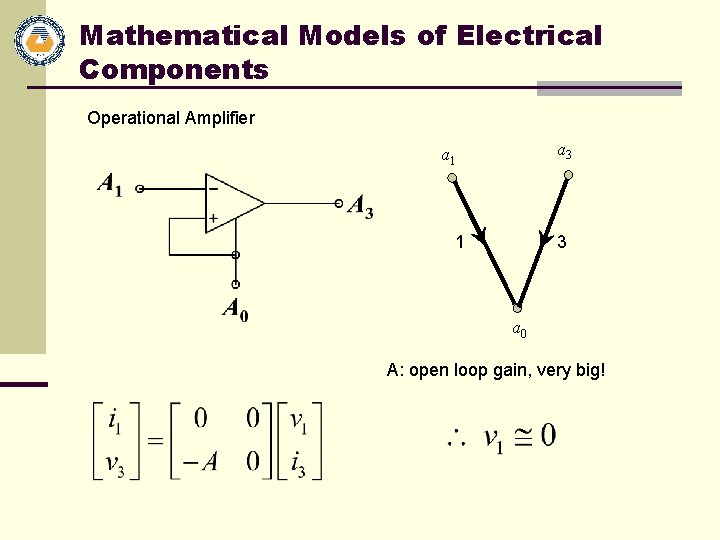 Mathematical Models of Electrical Components Operational Amplifier a 3 a 1 1 3 a