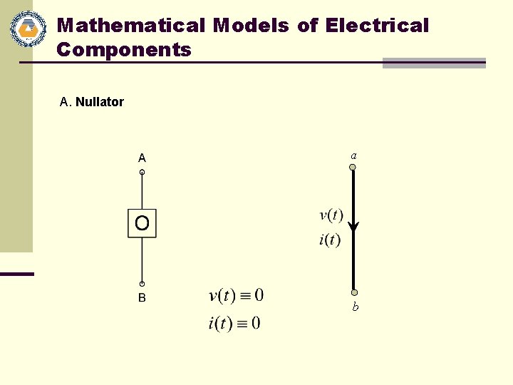 Mathematical Models of Electrical Components A. Nullator a b 