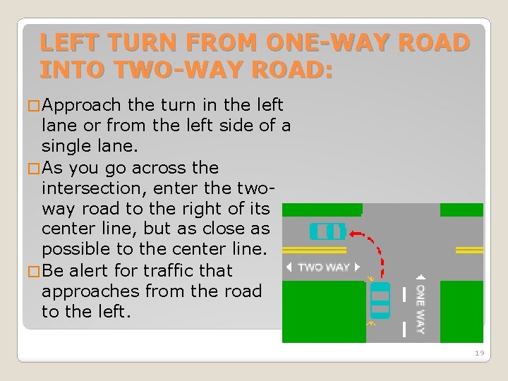LEFT TURN FROM ONE-WAY ROAD INTO TWO-WAY ROAD: � Approach the turn in the LEFT TURN FROM ONE-WAY ROAD INTO TWO-WAY ROAD: � Approach the turn in the