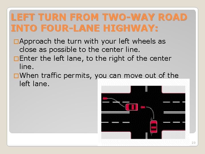 LEFT TURN FROM TWO-WAY ROAD INTO FOUR-LANE HIGHWAY: � Approach the turn with your LEFT TURN FROM TWO-WAY ROAD INTO FOUR-LANE HIGHWAY: � Approach the turn with your