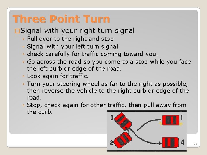 Three Point Turn � Signal with your right turn signal ◦ Pull over to Three Point Turn � Signal with your right turn signal ◦ Pull over to