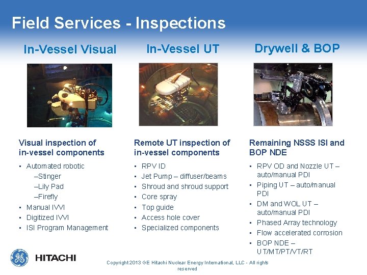 Field Services - Inspections In-Vessel UT Drywell & BOP Visual inspection of in-vessel components