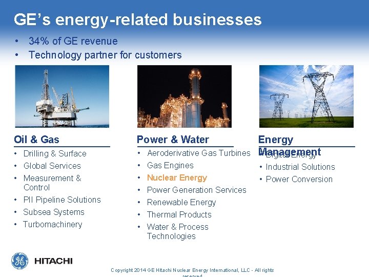 GE’s energy-related businesses • 34% of GE revenue • Technology partner for customers Oil