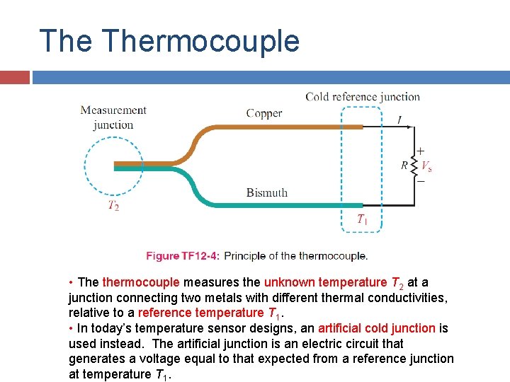 The Thermocouple • The thermocouple measures the unknown temperature T 2 at a junction