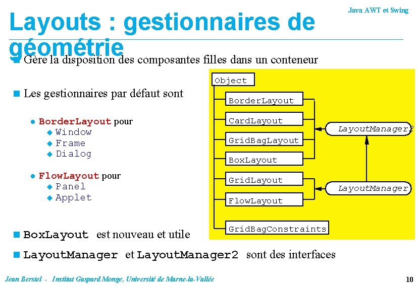 Layouts : gestionnaires de géométrie n Gère la disposition des composantes filles dans un