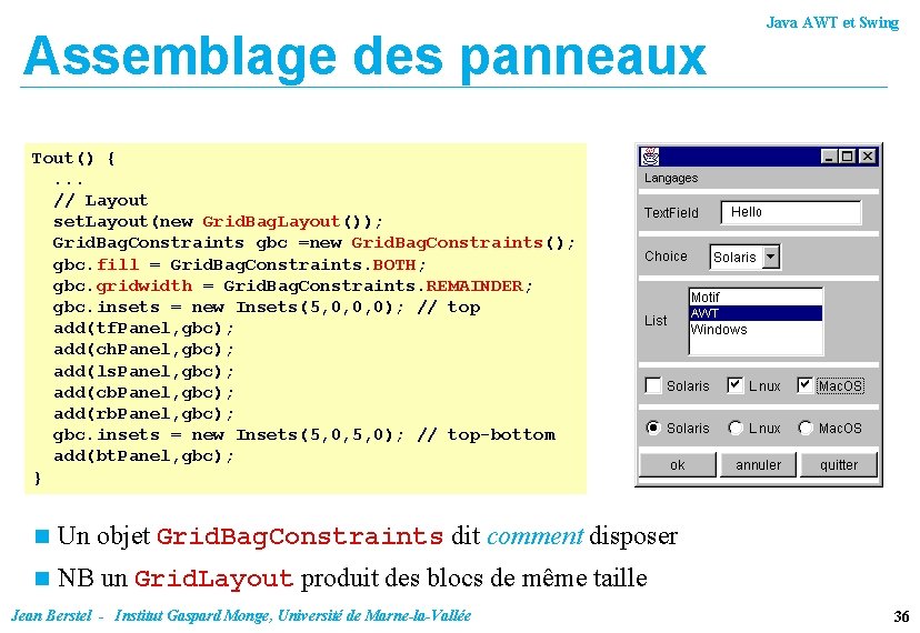 Assemblage des panneaux Java AWT et Swing Tout() {. . . // Layout set.